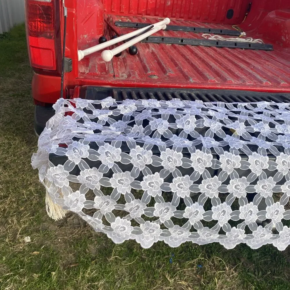 Elegant White Floral Lace Table Runner With Beige Tassels On Either End 80”x24”